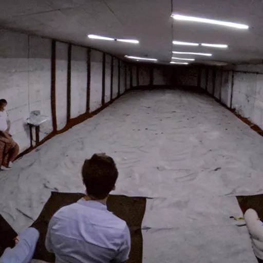 Image similar to found footage of the illuminate underground bunker ritual wide angle cult meeting