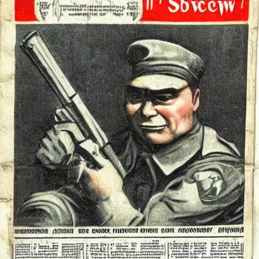 Image similar to soviet newspaper with photo of shrek as soviet sniper of red army, with rifle, ww 2, portrait