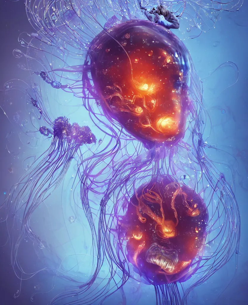 Image similar to close-up portrait of the face of a beautiful princess in a twisted flowers jellyfish mask in a spaceman suit surrounded by energy flow, epic angle and pose, symmetrical artwork, 3d with depth of field, blurred background, floating jellyfish skull phoenix bird, translucent, nautilus, energy flows of water and fire. a highly detailed epic cinematic concept art CG render. made in Maya, Blender and Photoshop, octane render, excellent composition, cinematic dystopian brutalist atmosphere, dynamic dramatic cinematic lighting, aesthetic, very inspirational, arthouse. y Greg Rutkowski, Ilya Kuvshinov, WLOP, Stanley Artgerm Lau, Ruan Jia and Fenghua Zhong