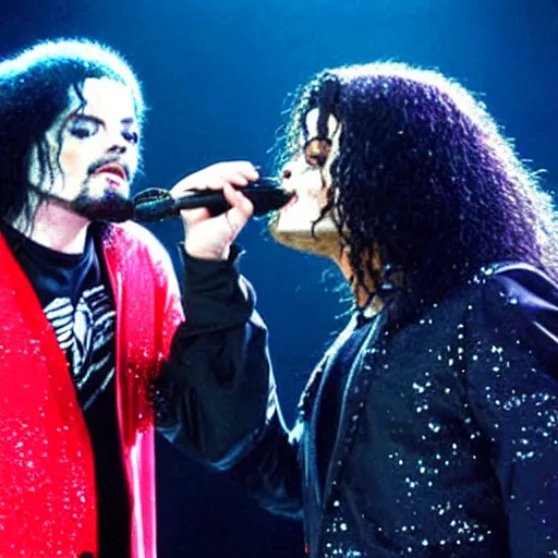 Prompt: kevin smith and michael jackson performing together at the standup show, realistic photo, 8k, light falling on the stage, highly detailed, hyperrealistic, very detailed