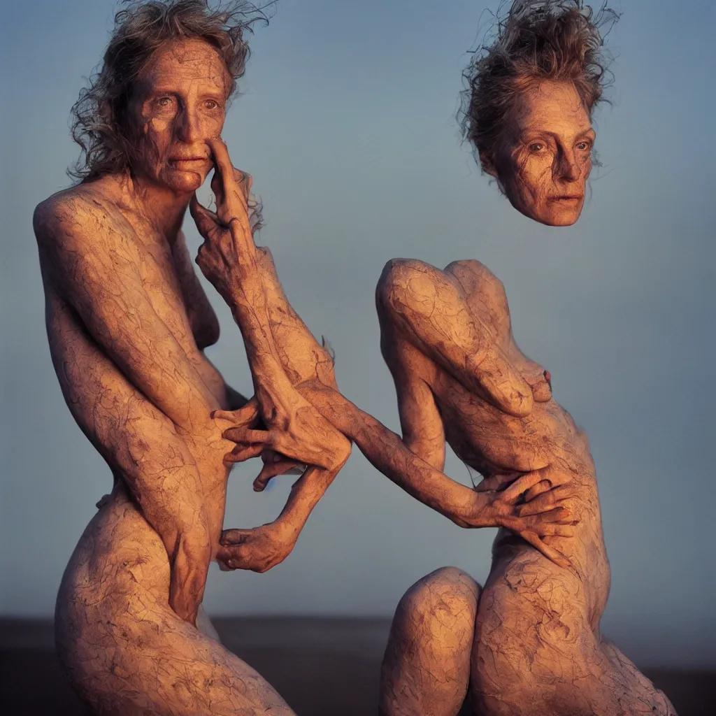 Image similar to award-winning candid photograph by Annie Leibovitz Roger Deakins of a beautiful woman infected by night, incredibly detailed, beautifully infected, studio portrait, anatomically correct, vivid color, outdoor photograph taken at sunset