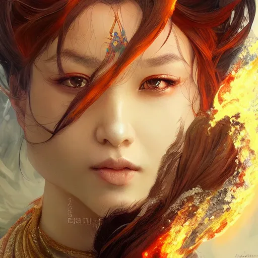 Image similar to Asian female fire elemental, lifelike, portrait, highly detailed, digital painting, artstation, concept art, sharp focus, illustration, cinematic lighting, art by artgerm and greg rutkowski and alphonse mucha