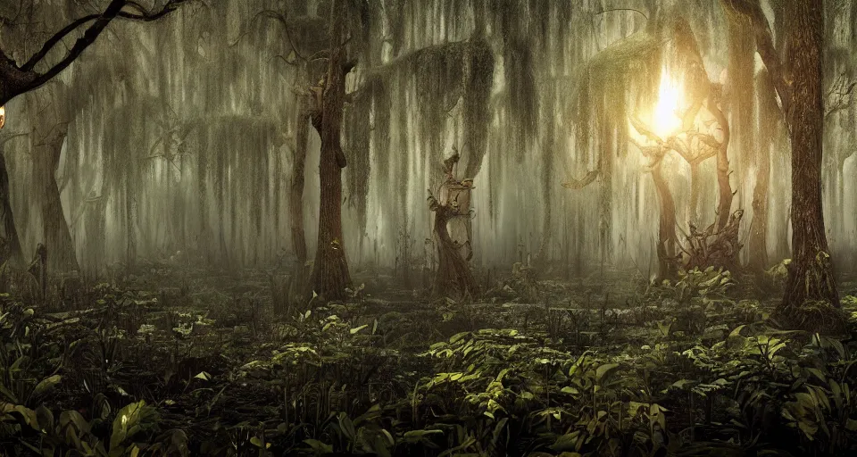 Image similar to A dense and dark enchanted forest with a swamp, with Cry engine