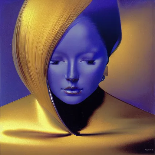 Image similar to a chrome woman's face in flowing sheets of cobalt blue gold chrome silver satin mirror foil, by moebius syd mead roger dean wojciech siudmak donato giancola yoshitaka amano michael cheval ivan aivazovsky jan de heem pieter claesz paul delaroche alma tadema aelbert cuyp, hyperrealistic volumetric light render