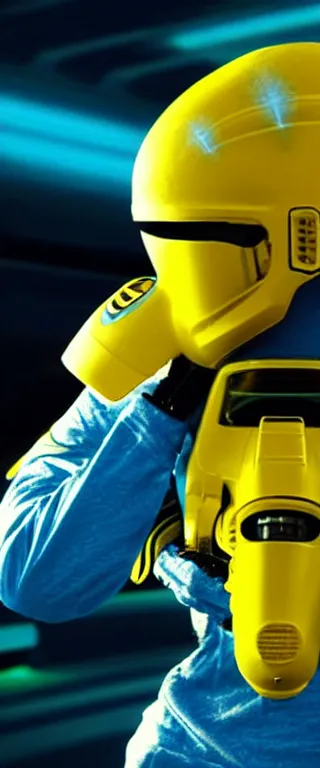 Image similar to Soft yellow-suited usurper alien soldier with soft-yellow motocross helmet with blue glowing visor, holding an alien soft yellow energy rifle.