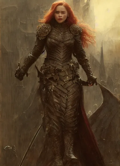 Prompt: mischievous redhead emilia clarke wearing full body dark black medieval armour, detailed, by gaston bussiere, bayard wu, greg rutkowski, giger, maxim verehin, greg rutkowski, masterpiece, sharp focus, cinematic lightning