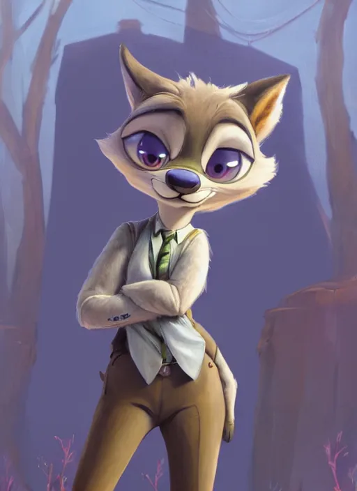 Image similar to oil painting of detailed full body of anthromorphic female wolf, in style of zootopia, zootopia, zootopia, fursona, furry, furaffinity, 4 k, deviantart, furry art, fursona art, wearing black business suit, business suit, in style of zootopia, wolf fursona, cyberpunk, female, expressive detailed feminine face,