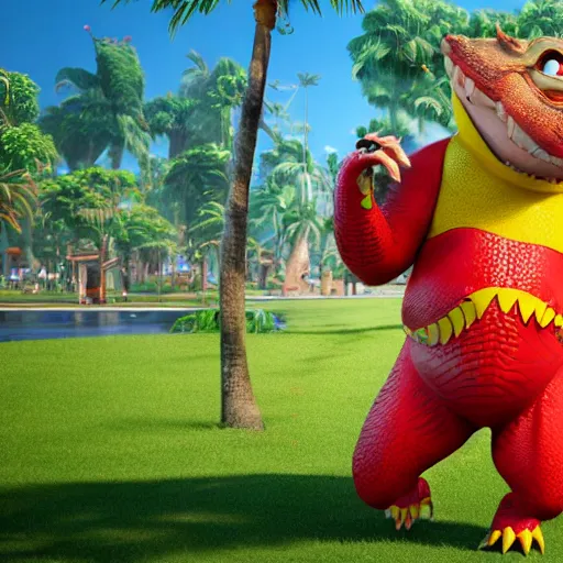 Image similar to 3 d render, anthropomorphic alligator, red scales on his back, yellow scale on his belly and chest, male, waring a hawaiian shirt, in the style of zootopia, hd, 4 k, high definition background