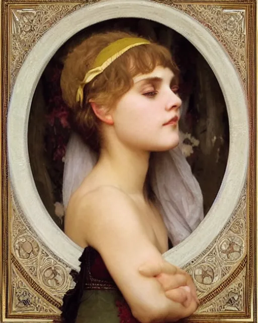 Prompt: annasophia robb with bowl haircut, bouguereau and mucha