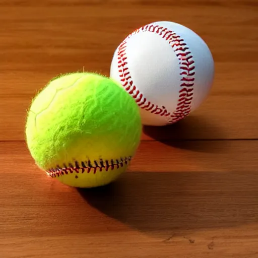 Prompt: a baseball and three tennis balls on a wooden table.