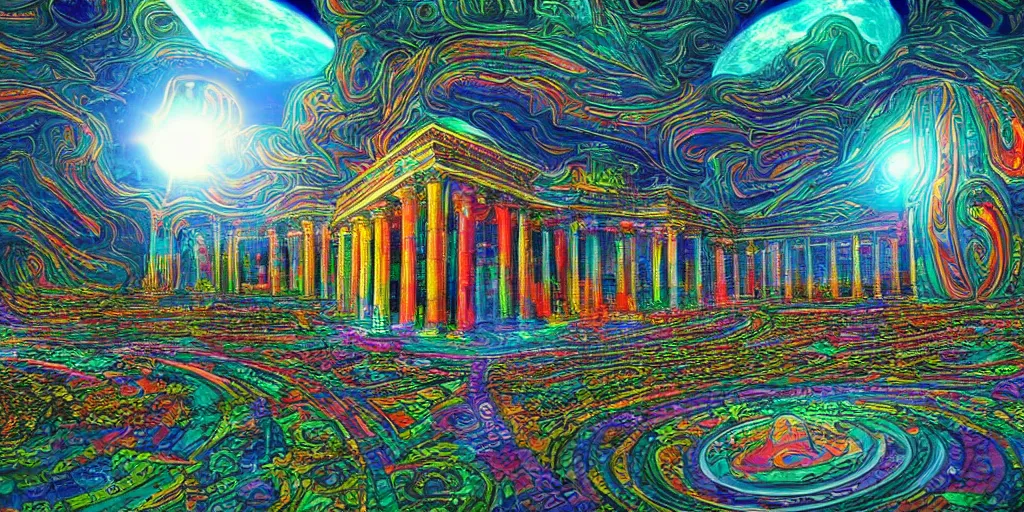 Image similar to temple of the supreme artificial intelligence on an earth like psychedelic planet, beautiful ultra detailed colorful digital art