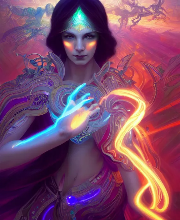 Image similar to a whirlwind of souls rushing inside the metaverse, half body, glowin eyes, tiara with sapphire, pharaoh, android, cyberpunk, d & d, fantasy, intricate, elegant, highly detailed, colorful, vivid color, digital painting, artstation, concept art, art by artgerm and greg rutkowski and alphonse mucha and ruan jia