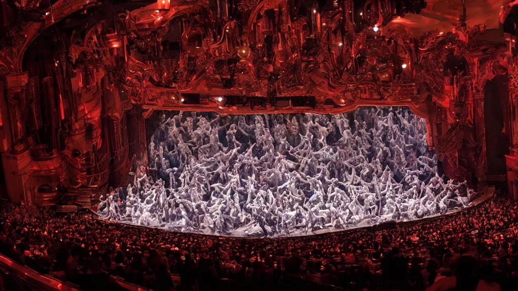 Prompt: fantastical opera set featuring glowing stacked computer monitors on stage, with dancers flying on stage, professional photo from the perspective of the audience with the blurry black silhouettes of audience members in the foreground. Inside the Metropolitan Opera House, looking down the aisle