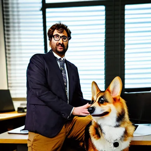 Prompt: slim Eric Wareheim with a corgi in an office, hyperrealistic, RPG portrait, ambient light, dynamic lighting, golden hour