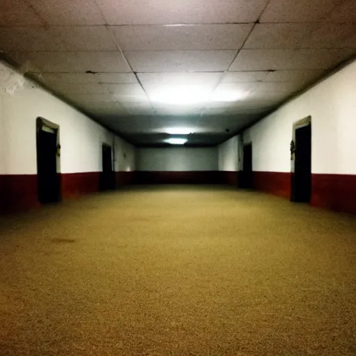 Image similar to flash low quality photograph of the backrooms, mustard - yellow old moldy moist carpet room, empty liminal space, very dark shadows, broken fluorescent lighting, horror movie scene, film grain