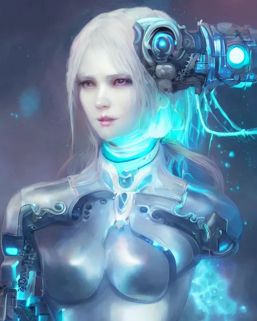 Image similar to holy cyborg necromancer girl, elegant, scifi, futuristic, utopia, garden, illustration, atmosphere, top lighting, blue eyes, white hair, focused, artstation, highly detailed, art by yuhong ding and chengwei pan and serafleur and ina wong