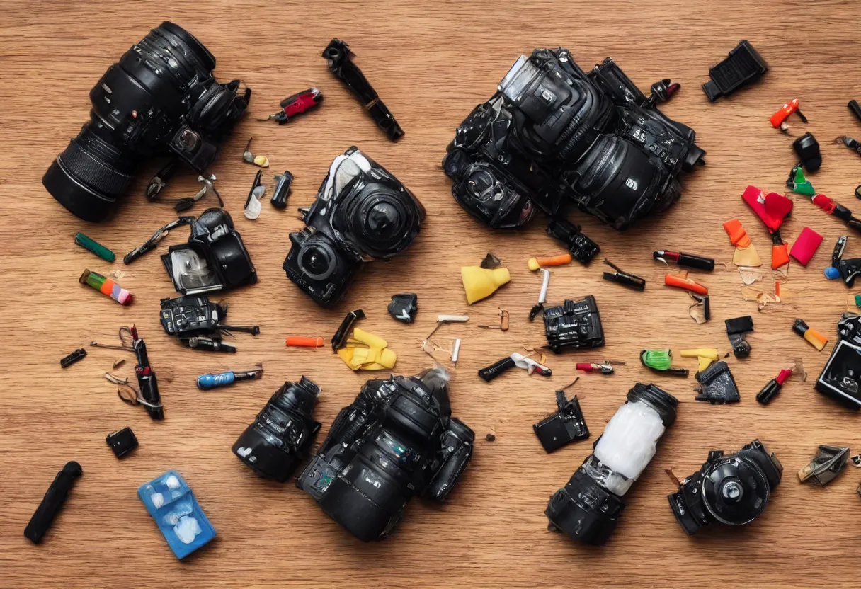 Prompt: wide dslr photo still of an occult toy on a table cluttered with drug paraphernalia