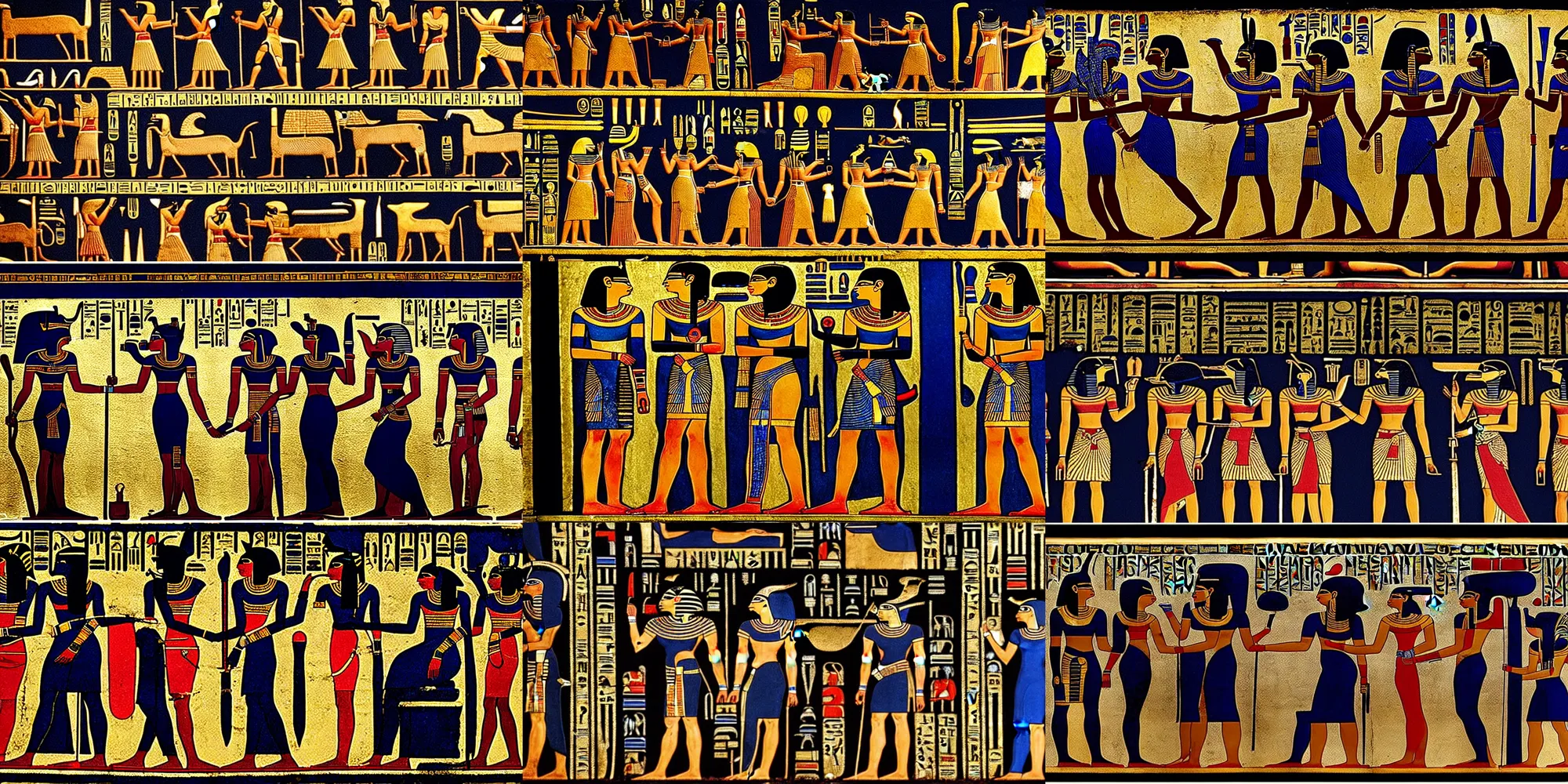 Prompt: ancient egyptian hypostole hall, in black blue gold and red, low angle, beautiful wide shot photograph by annie leibovitz