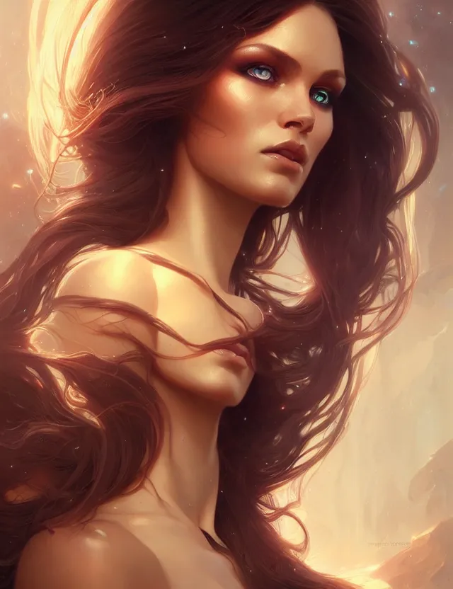 Image similar to futuristic woman portrait, sci-fi, amber eyes, face, long hair, fantasy, intricate, elegant, highly detailed, digital painting, artstation, concept art, smooth, sharp focus, illustration, art by artgerm and greg rutkowski and alphonse mucha