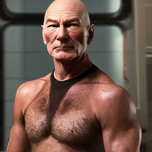 Image similar to a man who is a genetic combination of patrick stewart and jonathan frakes and levar burton and michael dorn and brent spiner, face and upper - body focus, detailed eyes