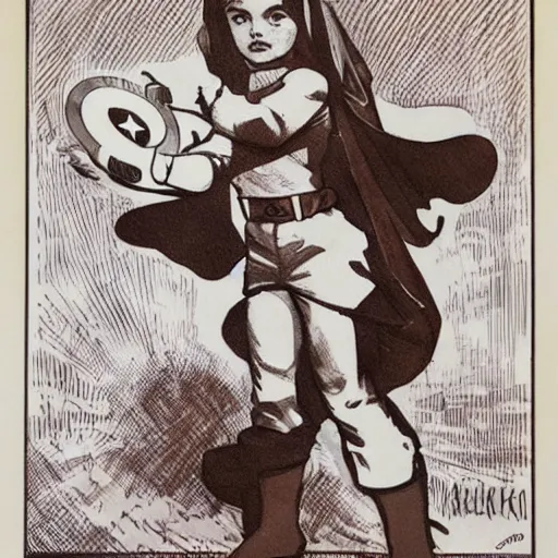 Image similar to a little girl with a mischievous face and light brown curly wavy hair. she is dressed as captain america, spider - man, batman, captain marvel, a superhero. well composed, clean elegant painting, beautiful detailed face. by steve ditko and jack kirby and alphonse mucha