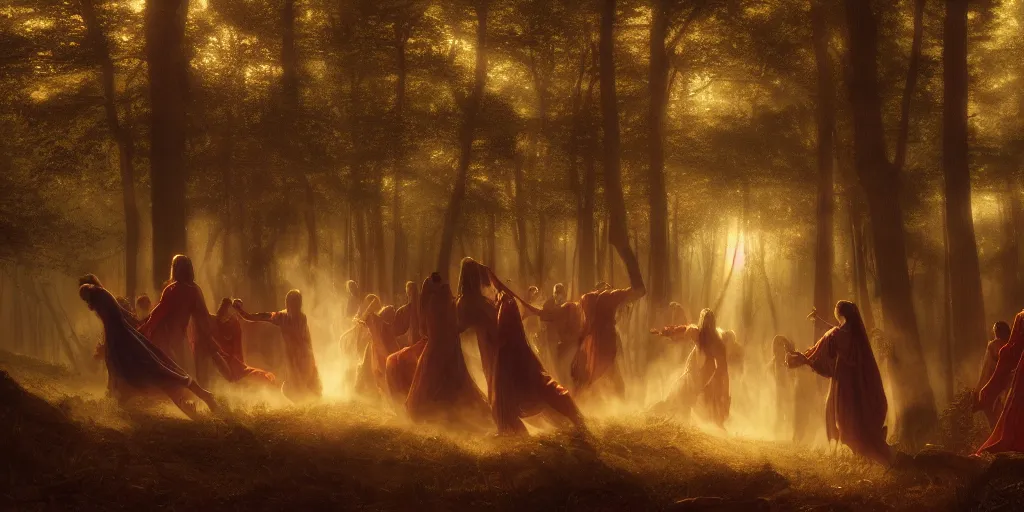 Image similar to masterpiece demons, vampires and witches dancing in the woods at dusk, edmund leighton, majestic, volumetric lighting, photorealistic, intricate, trending on artstation 8 k