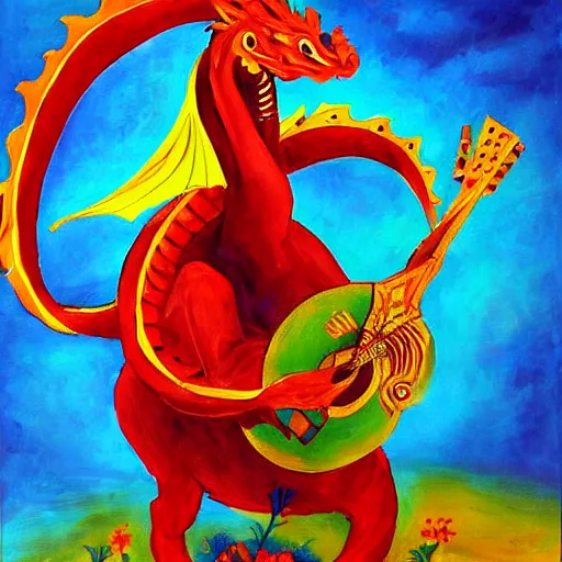 Image similar to russian dragon playing balalika guitar, childrens painting ,