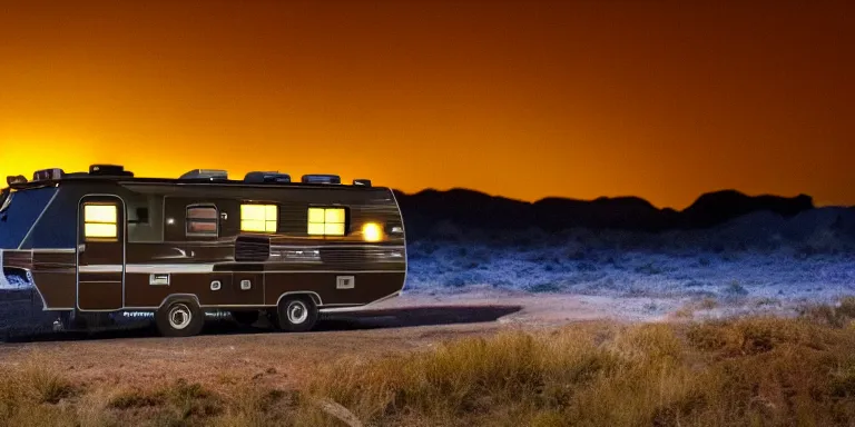 Image similar to photo still of the rv from the tv show breaking bad, cinematic-shot, night lighting, night skies, 4k