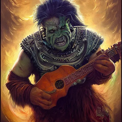 Image similar to detailed photo of a orc bard portrayed by Gary Busey witha lute, 8k,by Tristan Eaton, Stanley Artgermm, Tom Bagshaw, Greg Rutkowski, Carne Griffiths, trending on DeviantArt, face enhance, hyper detailed ,full of color, dramatic lightning, epic stance