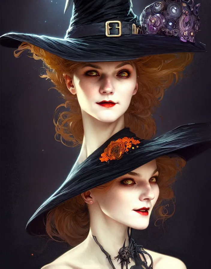 Image similar to halloween witch woman in a hat smiles, fantasy magic, undercut hairstyle, dark light night, intricate, elegant, sharp focus, illustration, highly detailed, digital painting, concept art, matte, art by wlop and artgerm and greg rutkowski and alphonse mucha, masterpiece