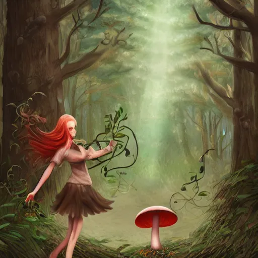 Prompt: forest witch gathering mushrooms, 2d, art direction, artstation, digital painting