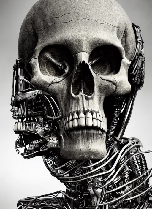 Prompt: portrait of robotic skull, by wayne barlow, stanley donwood, anton semenov, zdzislaw bekinski, hr giger, 8 k, sci fi, dark, highly detailed