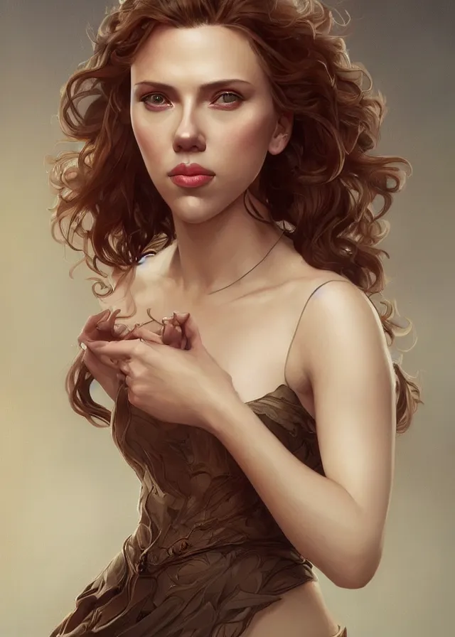 Image similar to Scarlett Johansson , beautiful bone structure, intricate, elegant, highly detailed, digital painting, artstation, concept art, smooth, sharp focus, illustration, art by artgerm and greg rutkowski and alphonse mucha