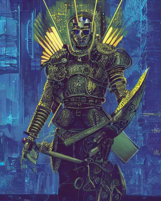 Image similar to a cyberpunk spanish conquistador wearing ornate armor in battle, art by nicola saviori, symmetric, handsome, golden ratio, jungle