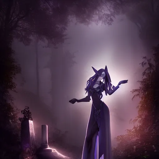 Image similar to Captivating solemnly, PANDORA, New Tales of the Vampires character, portrait, Highgate cemetery, fog, volumetric lighting, beautiful, blueish moonlight, sharp focus, ultra detailed, cgsociety