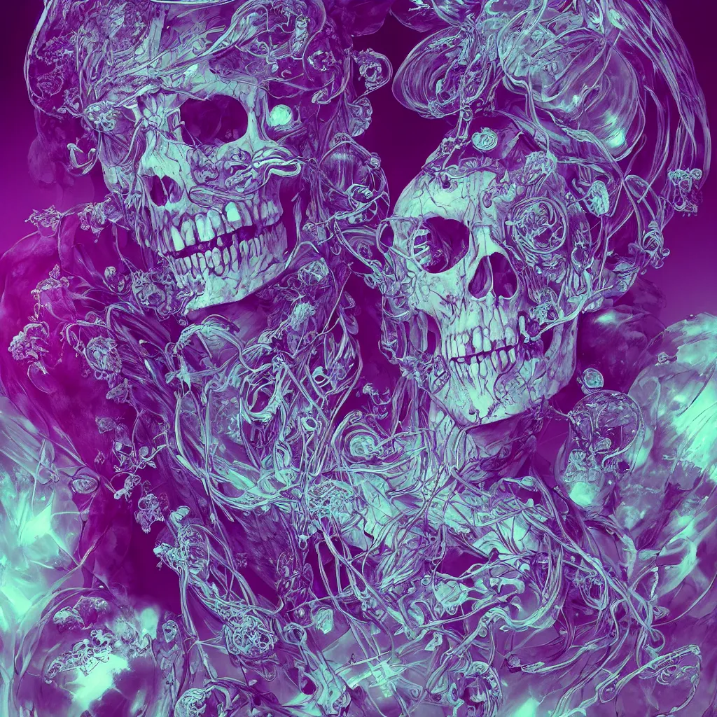 Prompt: close-up portrait goddess skull, thorax, x-ray, backbone, jellyfish phoenix head, nautilus, orchid, skull, betta fish, bioluminiscent creatures, intricate artwork by Tooth Wu and wlop and beeple. octane render, trending on artstation, greg rutkowski very coherent symmetrical artwork. cinematic, Triadic color scheme, hyper realism, high detail, black and white, octane render, 8k