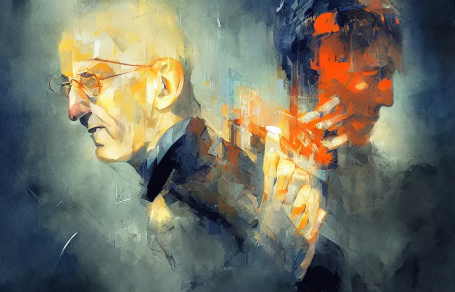 Image similar to Anthony Fauci struggles to be heard, by Greg Rutkowski and Dave McKean blue and orange color palette