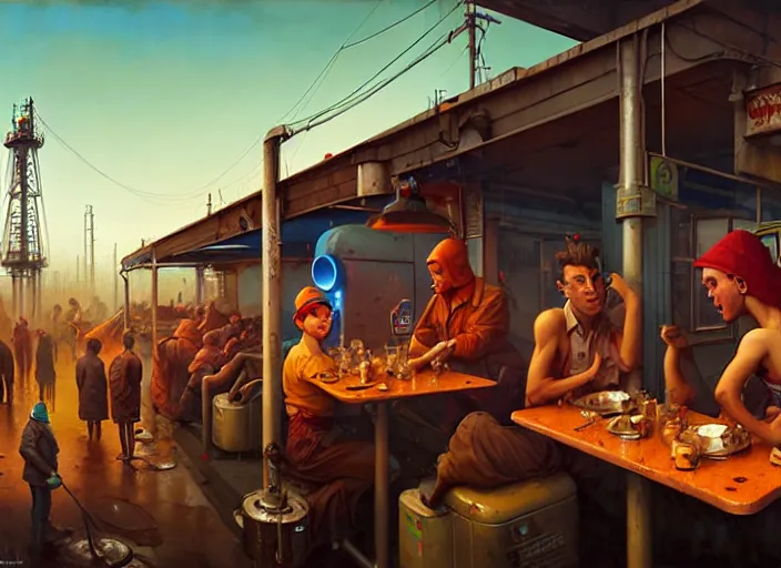 Prompt: waiting in line for crude oil by simon stalenhag and gil elvgren and tom bagshaw and marc simonetti and jan miense molenaer and arthur adams, slums, diner scene, highly detailed, hyperrealism