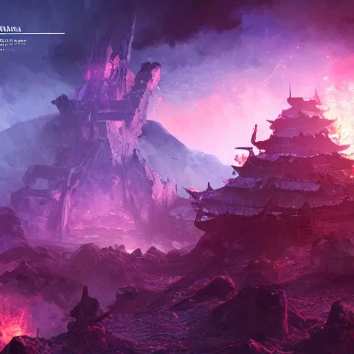 Image similar to a still of a samurai standing in the ruins of crux prime, destroyed castle, purple and blue fiery maelstrom in the distance, digital art, artstationhq