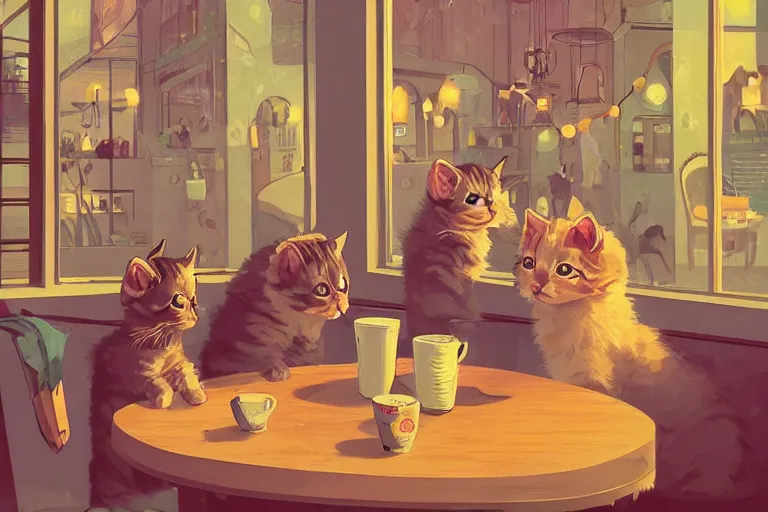 Prompt: kittens in a coffee shop, detailed whimsical illustration, DeviantArt Artstation, bokeh, warm lighting