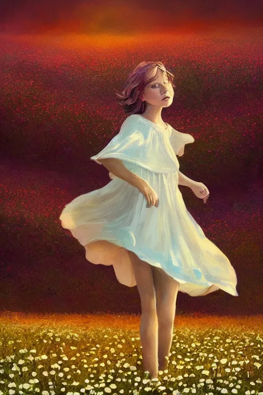 Image similar to giant white daisy flower face, girl dancing in a flower field, surreal photography, sunrise, dramatic light, impressionist painting, colorful clouds, digital painting, artstation, simon stalenhag