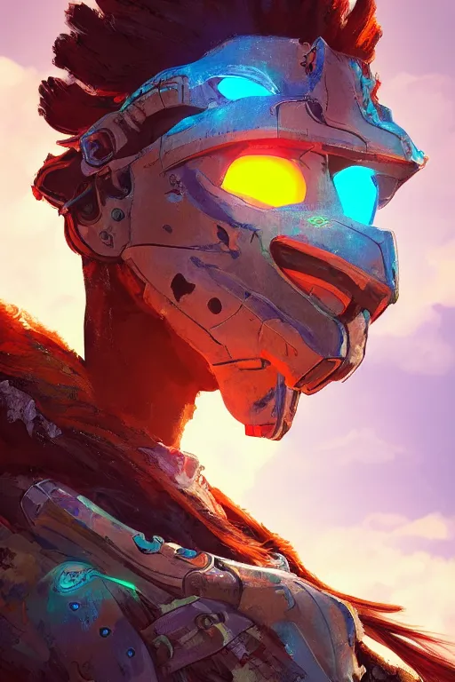 Image similar to combination suit armor aloy horizon forbidden west horizon zero dawn radiating a glowing aura global illumination ray tracing hdr fanart arstation by ian pesty and alena aenami artworks in 4 k tribal robot ninja mask helmet backpack