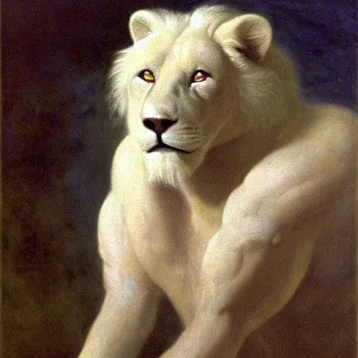 Image similar to award winning photo of muscular male albino anthropomorphic anthro furry white lion by george frederic watts