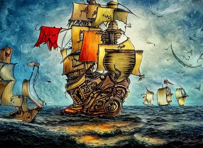 Prompt: pirate ship at sea, amazing background, lowbrow, 3 - d, highly detailed, in the style of alexander jansson,