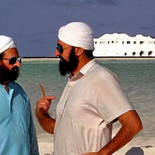 Prompt: ultra realistic candid photograph from osama bin laden with joe biden in bahamas, details intricate