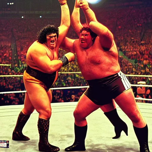 Prompt: WWE poster for the shrek vs andre the giant fight at wrestlemania 8, dramatic lighting, 8k amazing photograph,