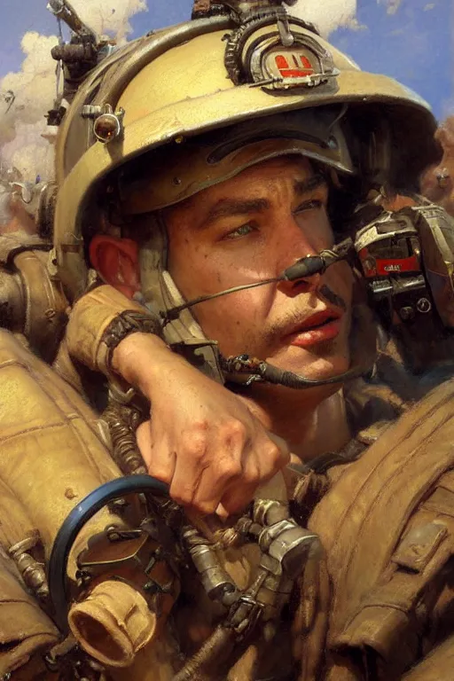 Image similar to bomber pilot, highly detailed painting by gaston bussiere, craig mullins, j. c. leyendecker 8 k