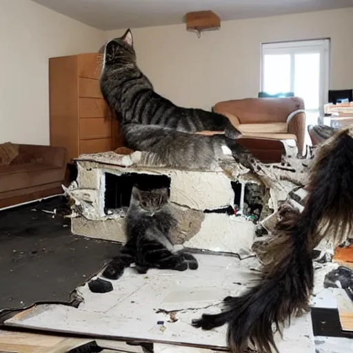 Image similar to a three meter Main Coon cat destroyed a living room