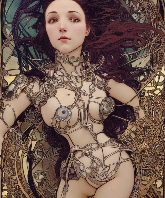 Prompt: realistic detailed portrait of a humanoid mecha cyberpunk! goddess by Alphonse Mucha and Charlie Bowater and art germ, rule of thirds, golden ratio, Art Nouveau! cyberpunk! style, mechanical accents!, mecha plate armor, realistic human arms, flowing wires with leaves, art nouveau accents, art nouveau patterns and geometry, rich deep moody colors