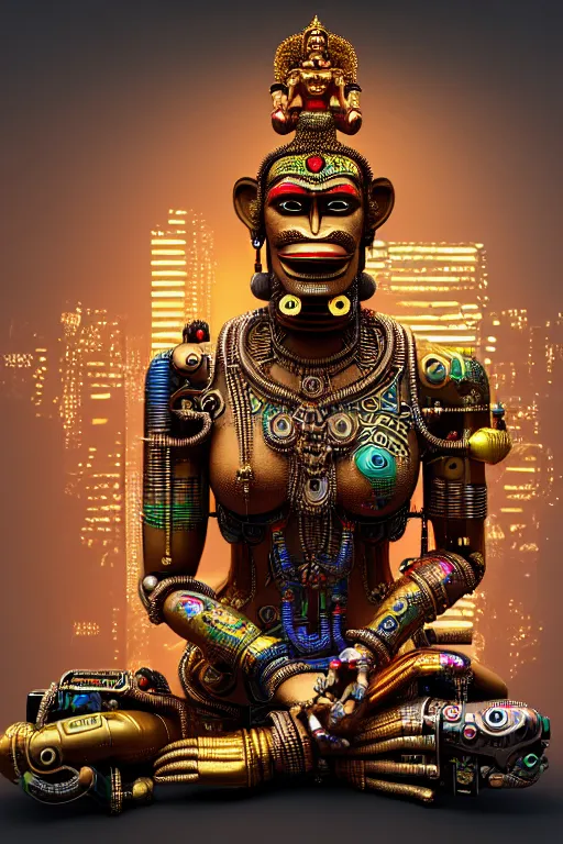 Prompt: high quality 3 d render colorful deconstructed cyborg! hanuman sitting, gold madhubani, highly detailed, cyberpunk!! mumbai in the background, vray cinematic smooth, blade runner, moody light, low angle, uhd 8 k, sharp focus